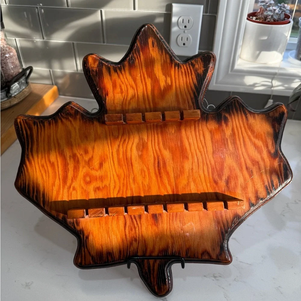Vintage Maple Leaf Shaped Wooden Spoon Shelf Display
